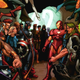 Captain America and Iron Man stare grimly at each other with crowd of superheroes behind each.